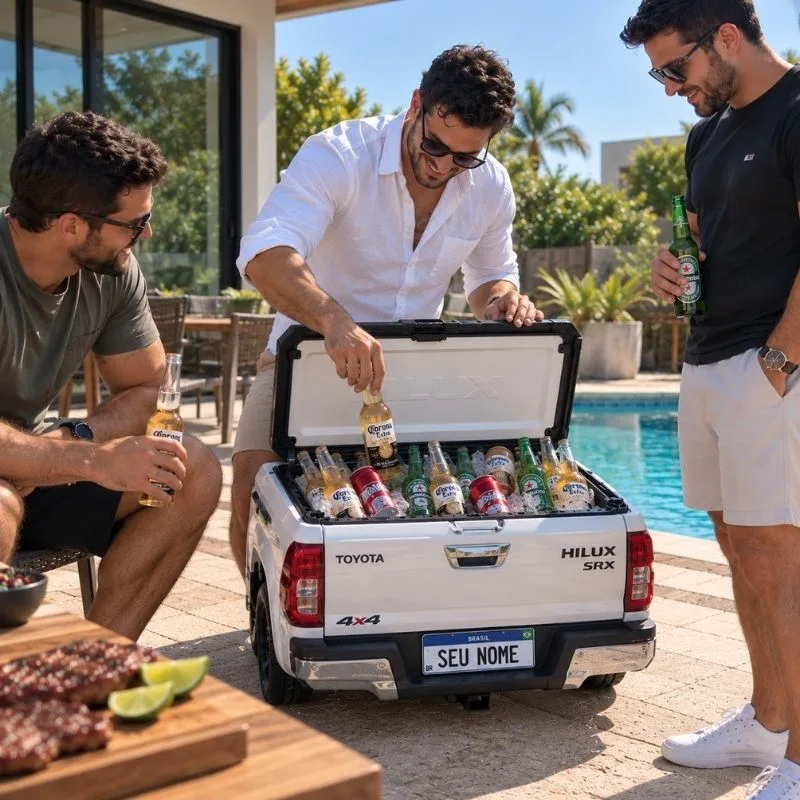 Amigos em um churrasco à beira da piscina pegando bebidas geladas em um GelaCar personalizado com uma RAM preta
