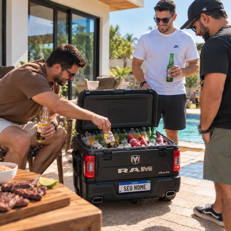 Amigos em um churrasco à beira da piscina pegando bebidas geladas em um GelaCar personalizado com uma RAM preta