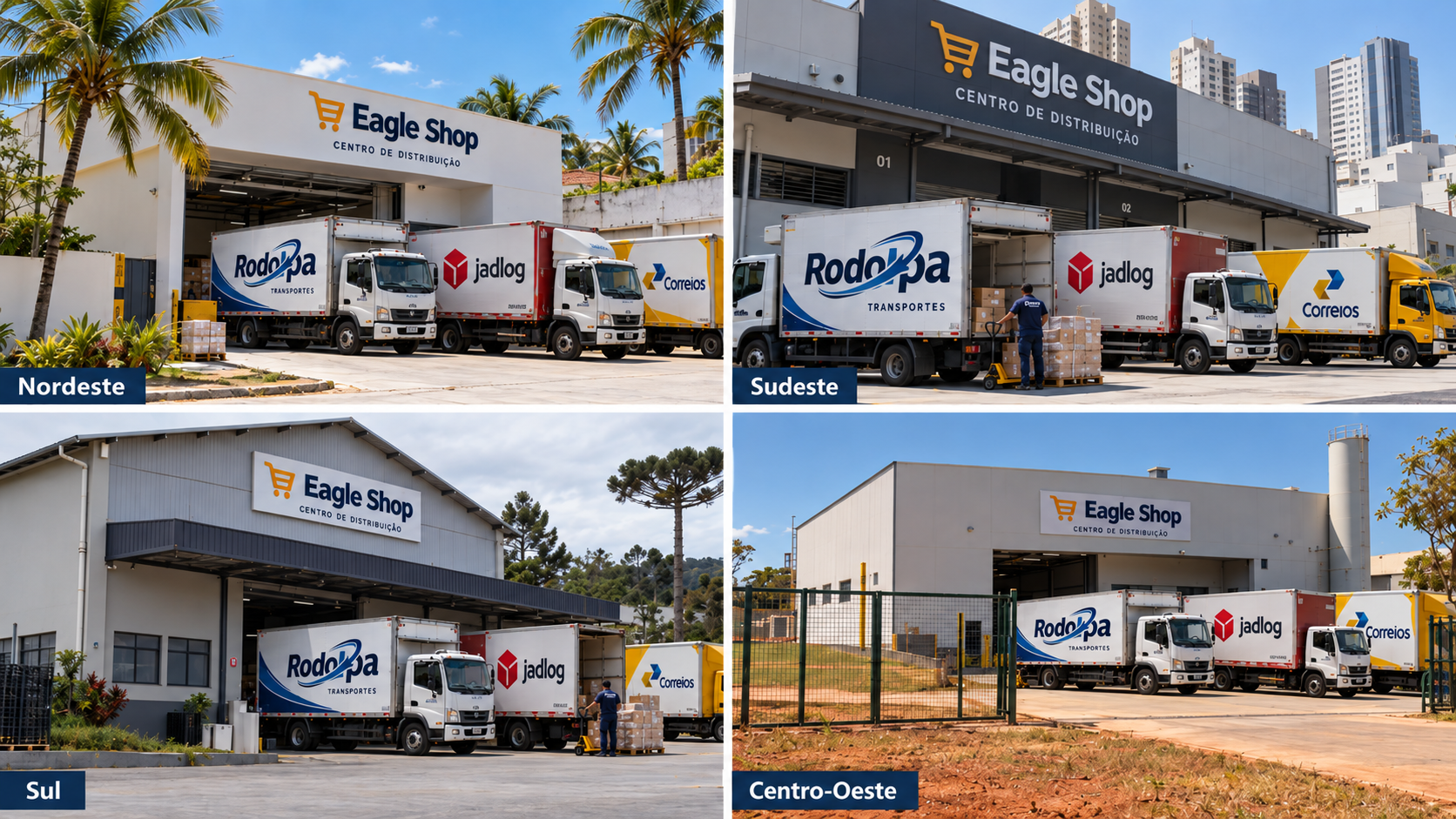 Centros de distribuição Eagle Shop nas regiões Nordeste, Sudeste, Sul e Centro-Oeste do Brasil, com galpões logísticos e caminhões da transportadora Rodoipa
